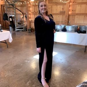 Navy Blue Velvet Long Sleeve Dress W/ Keyhole Back and Train